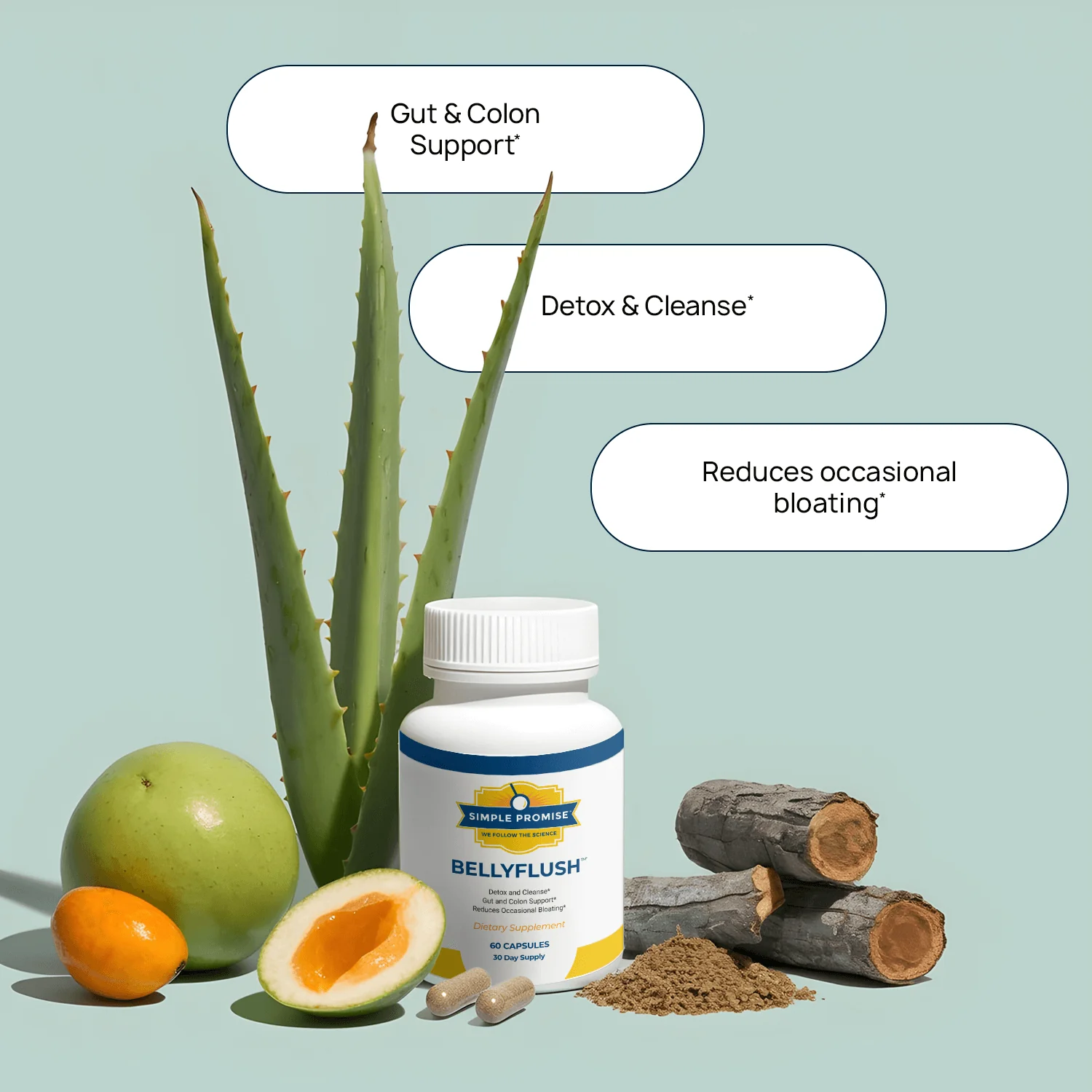 BellyFlush bottle shown with botanical ingredients and product information